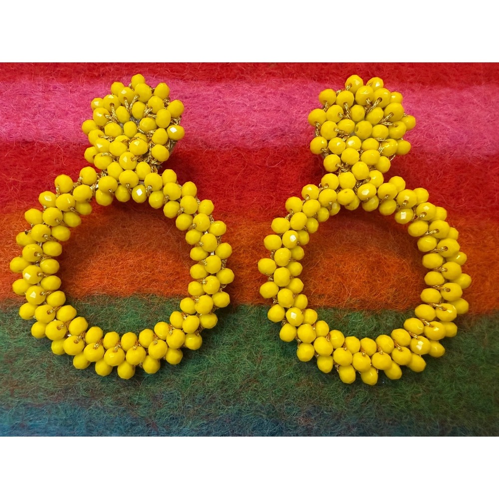 Yellow Beaded Hoop Statement Earrings Gold Woven Drop Post Back Boho Summer